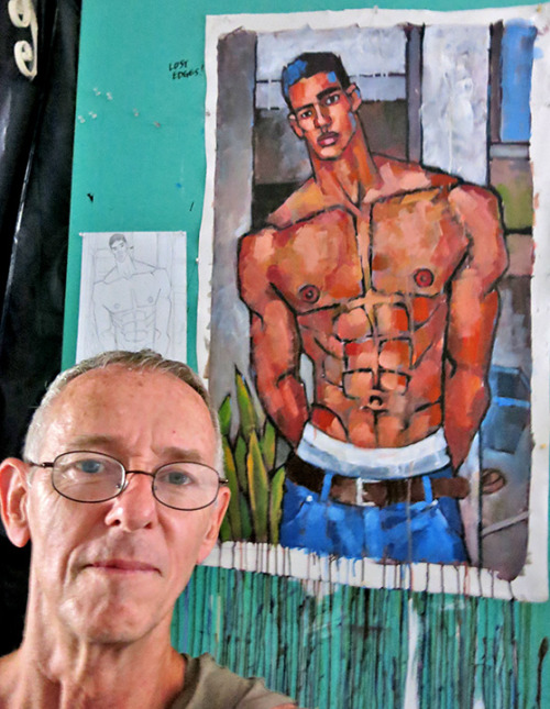 The latest in my Shirtless series, Shirtless Backyard, acrylic painting by Douglas Simonson (2015). 