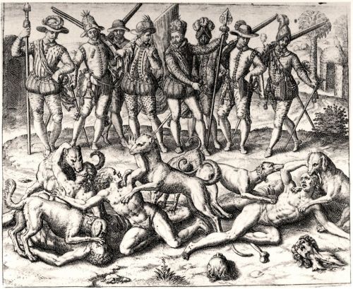 Theodor de Bry - Vasco Núñez de Balboa’s dogs attacking Panamanians (1594).