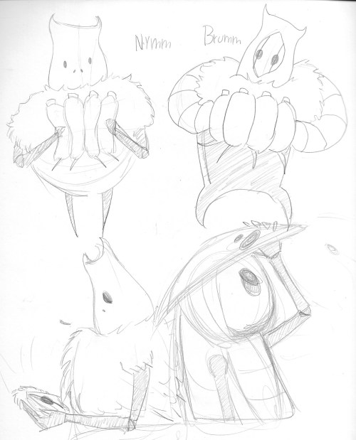 [ID: A page with three pencil sketches, the first two are Nymm and Brumm standing like their sprites