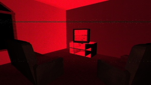 An image from the videogame Anatomy by Kitty Horrorshow: A living room bathed in red light. The photo is angled so that the viewer is looking towards the corner of the room, and the boxy older TV is in the center of the frame. The room is only in varying dark shades of one red, but the TV appears to show light red static. Two chairs in darkness frame either side of the viewer, pointed away and towards the TV. TV static also runs across the photo and everything appears grainy.