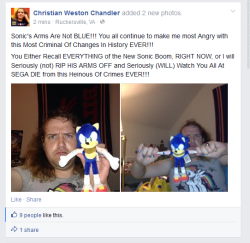 fridgetothe:  Chris threatens to destroy a Sonic plushy because he does not like the new Sonic Boom redesign.   chris chandler looks an awful lot like ron jeremy now. 