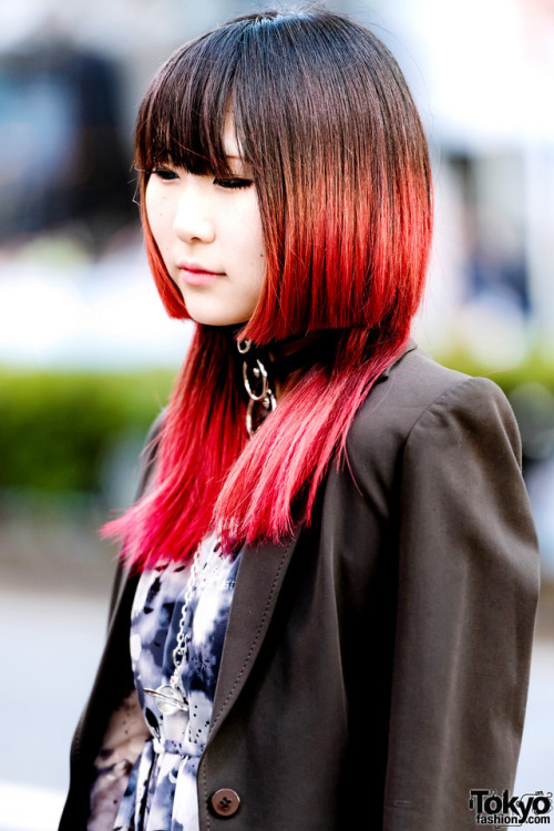 16-year-old Japanese high school student Remon on the street in Harajuku wearing a vintage blazer ov