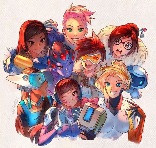 nakanoart:  Mercy: “Gather around, girls. It’s time for a group photo.” Zarya: “Haha! This will be a fine testiment to our strength.” Tracer: “Come on Widowmaker, don’t be shy!” Widowmaker: “Je m'en fou. Let go of me!” Symmetra: “What’s