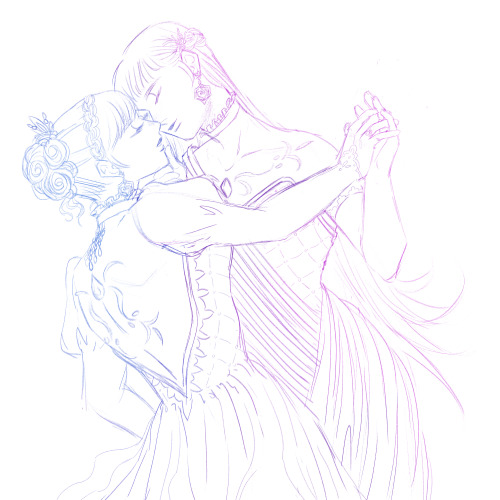 an old sketch of hilda letting her hair down with marianne, having a dance at their wedding :’ )