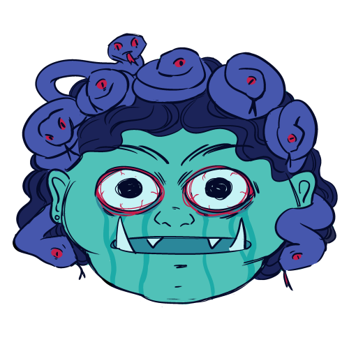 cursed emoji but in the style of archaic greek gorgon heads