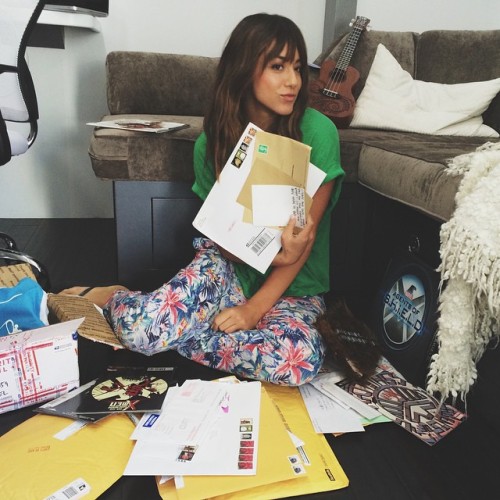 chloebenet:@ChloeBennet4: Posing hard with some fucking AWESOME fan mail. I had to say the F word be