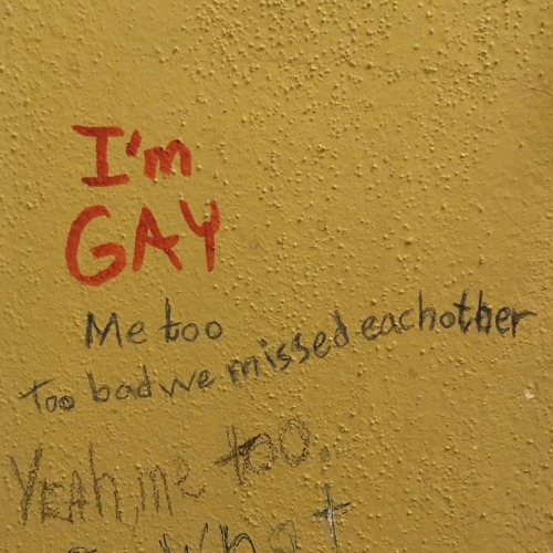 queergraffiti:“I’m gay”“Me too / Too bad we missed each other”“Yeah, me too”found in a women’s bathr