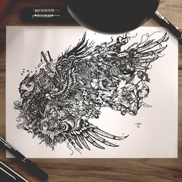 jedavu:  Surreal Hybrid Drawings Bloom and Burst Across Sketchbook PagesSelf-taught