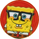 red sticker of spongebob smiling with his jellyfishing glasses on.