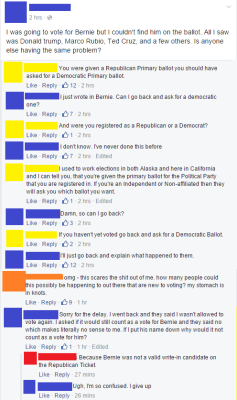 egalitarianqueen:  berniementum:  Identification info has been removed because the original poster was being called names for not understanding the voting process. This person is NOT idiotic or dumb. They are just one more person out of many out there