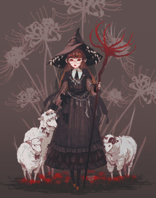missusruin:witchsona commission for @/gloomychicsheep / fangs / spider lily witch + sheep familiars