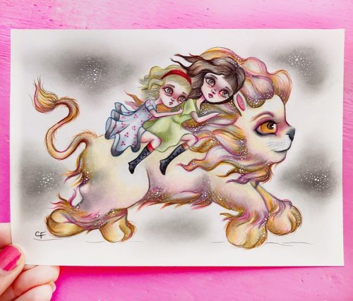 Lucy and Susan riding Aslan by enchantedfieldsArtwork found here.