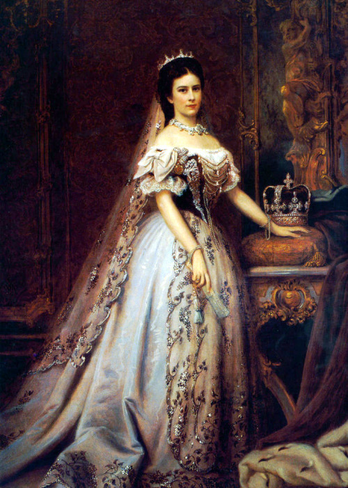 Austrian Empress Sisi in silver gilt gown and veil by Bertalan Székely, c. 1867