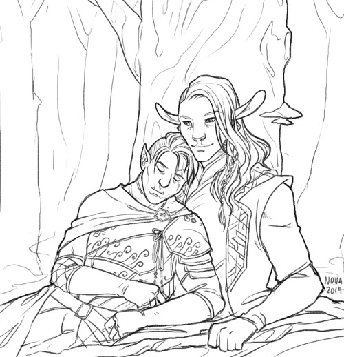 [ID: a digital lineart drawing of fjord and caduceus from critical role. they’re sat on the ground w