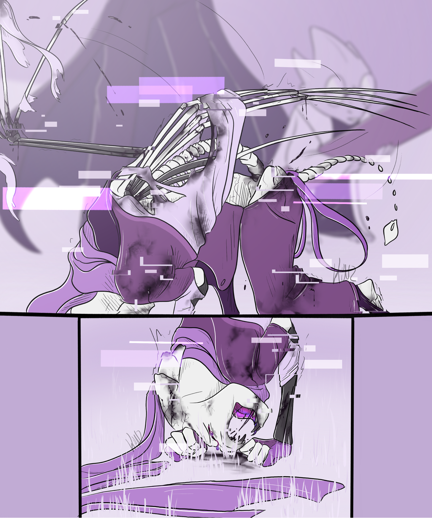 Ink in pain as purple glitches ripple over his body, newly formed wings tearing his shirt and dark ink staining his clothes and bones. The background shows the blurry forms of XGaster and Alphys. Bottom panel is a close up of Ink's terrified face, fangs and horns slowly forming and arms growing unnaturally. Purple tears bead up in his eyes.