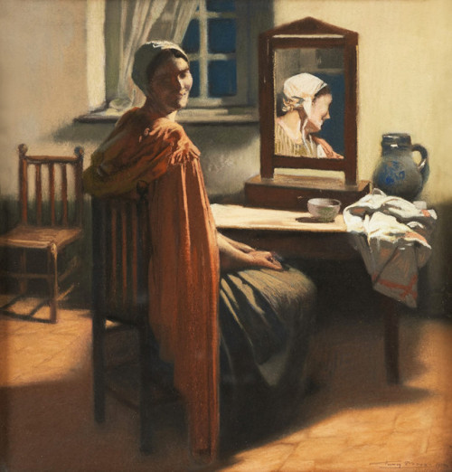 heavenpoison:Firmin Baes (1874–1943),  Young Woman with Mirror, 1914, Pastel on canvas.