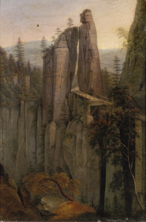 A Bridge in the Sächsische Schweiz, Germany. Unknown date. Oil on Canvas. 33.5 x 23 cm. Art by 