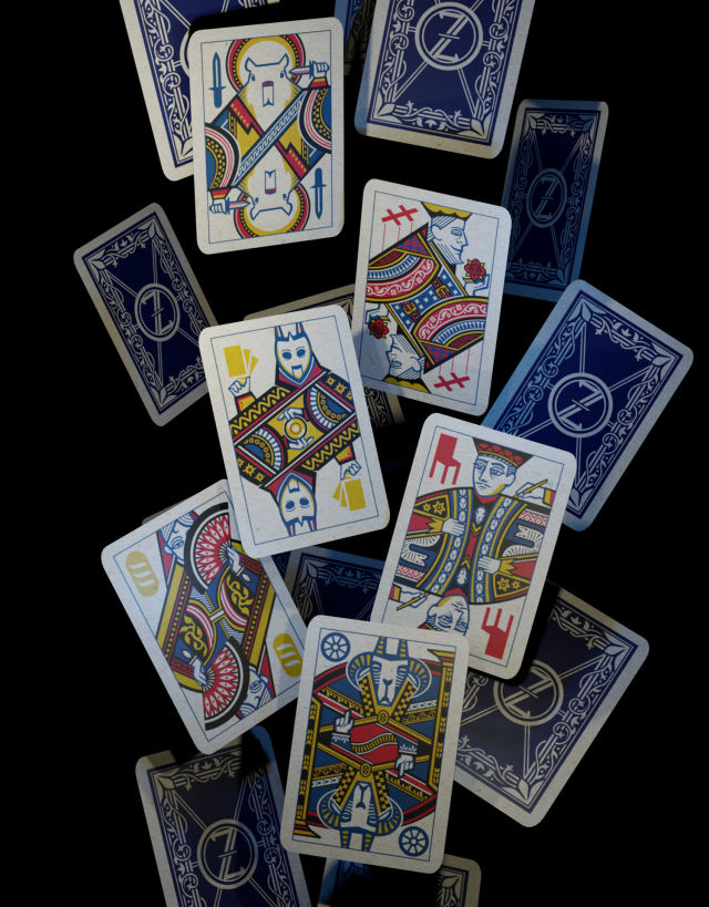 A 3D rendering of a falling deck of cards, with six face cards visible. The face cards are characters from Sangfielle; each card corresponds to a suit from the deck of the Wrights of the Seventh Sun. The suits on the cards are Knives (Marn), Puppets (Lyke), Cards (Hazard), Chairs (Duvall), Bread (Es), and Wheels (Pickman). More cards fall in the background, all with the same card back: a central letter "Z" made of two interlocking sevens, with a floral border.