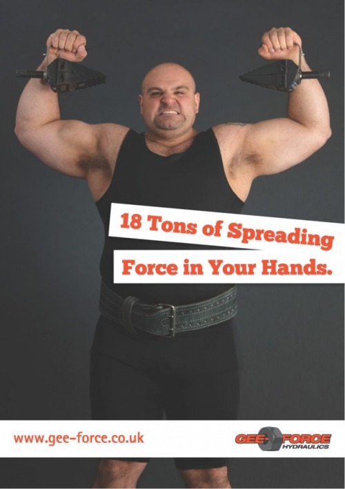 bearmythology: Strongman Laurence Shahlaei advertising for Gee-Force Hydraulics. I feel a hydraulic 