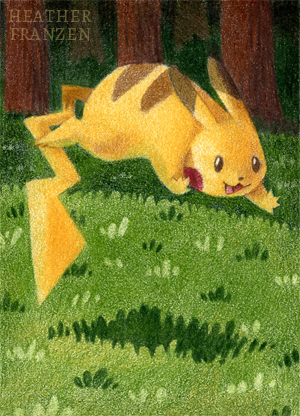 theintertwiningpkmn:  heatherfranzen:  Pikachu and Raichu playing in Viridian Forest <3I made a diptych for these two! Each are on their own ACEO card.  liberatemyrage 