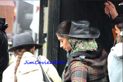 Jimcaviezelfan:  Sarah On Set Today On A Cold, Windy And Rainy Day.  They Were Filming