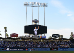nationalpostsports:  Mariano Rivera of the New York Yankees receives a tribute before the game against the Los Angeles Dodgers at Dodger Stadium on July 31, 2013 in Los Angeles, California.  (Photo: Harry How/Getty Images)