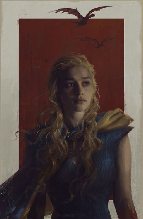 samspratt:  “Daenerys” - Illustration by samspratt Finally finished. Had a little too much fun painting all that loose, whispy, wooshy, hair. Now right back to the art cave to continue research on a poster I’m particularly excited about.