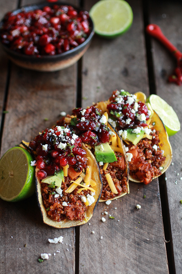 do-not-touch-my-food:
“Chipotle Quinoa Sweet Potato Tacos with Roasted Cranberry Pomegranate Salsa
”