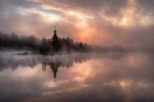 sixpenceee:On a tiny island in a lake in Russia exists a tiny little church waiting to be discovered