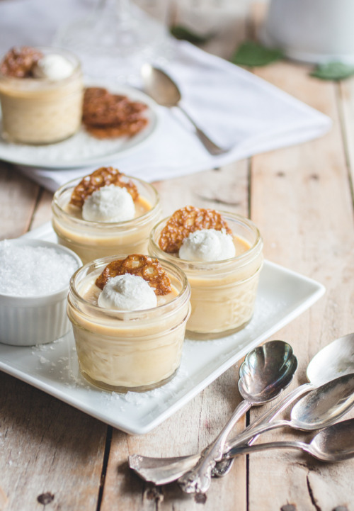 confectionerybliss:  Salted Butterscotch Pots de Crème with Hazelnut-Espresso Lace CookiesSource: Butterlust