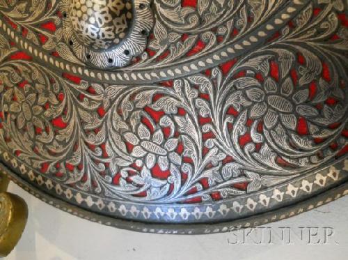 Indo-Persian Silver Inlaid Decorative Steel Shield , round, with central stylized foliate roundel an