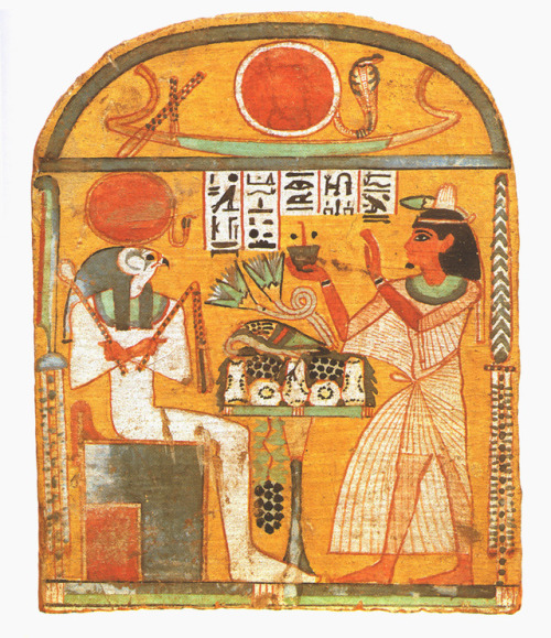 Ancient Egyptian funerary stele (painted wood) of a man named Aafenmut, showing the deceased making 