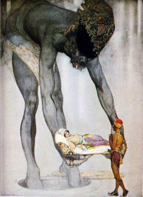 “He descended beneath the trapdoor, and returned bearing the couch with the Princess upon it.” Illustration by Willy Pogany from Tales of the Persian Genii, 1917