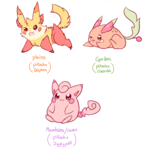 raidraws:  inspired by too-much-green ! variations of pikachu bred with other pokemon (:  OMG! <3 <3 <3