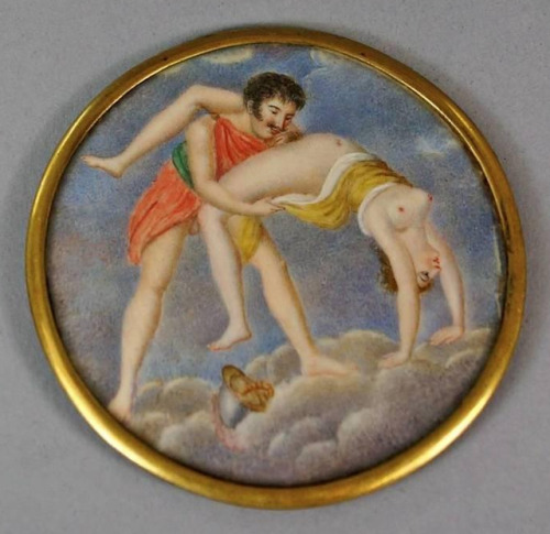lilit69:A 19th century erotic miniature painting, c.1880, showing a couple perched on clouds, the sc