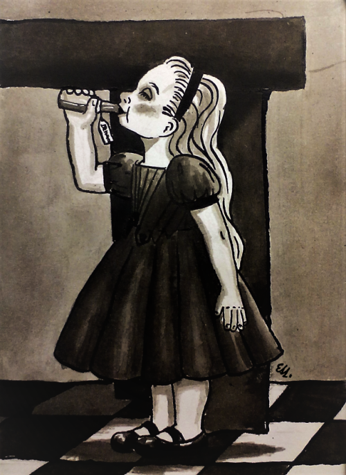 ettelwenailinon-art:INKTOBER DAY 18 - BOTTLE + Alice’s Adventures In WonderlandBottle made me think 