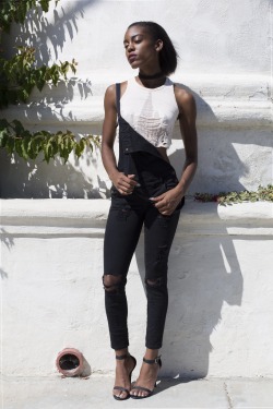 blackfashion:  Dior Anderson / Los Angeles 🌾  Braless Tank by www.PartialLove.com   Overalls by Guess 