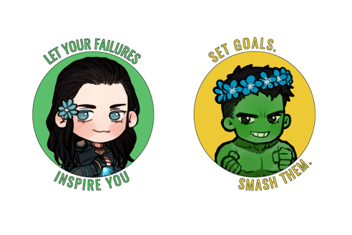 first batch of positive marvel stickers are done, including: Dum-E, Redwing, Loki, Hulk, Mjolnir, Th