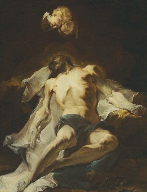 ars-videndi: Giuseppe Bazzani (Mantua 1690-1769), Christ mourned by seraphim, probably  c. 1739, oil on canvas, 95.8 x 74.1 cm