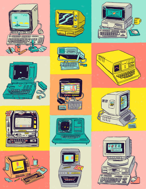 400facts:  And so my drawings of old computers reaches its natural end in this big ol’ wallpaper of vintage computing technology. by Stephen Maurice Graham Print available on my store 