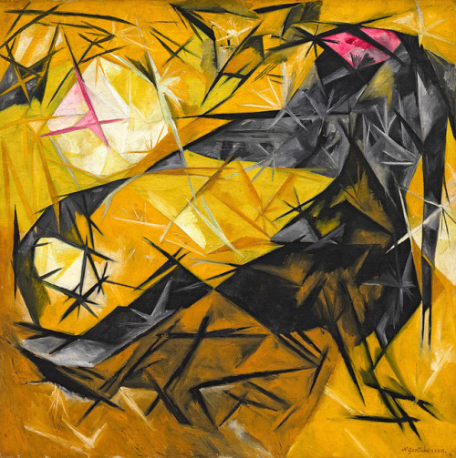 nobrashfestivity:Natalia Goncharova, Cats (Rayonist perception in rose, black and yellow), 1913