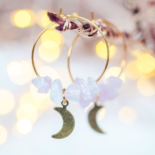 Rose quartz and moon hoop earrings. The hoops are hypoallergenic made of stainless steel. Www.13thps