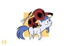 fluttershythekind:Deadpool Commission That poor pony. You behave yourself Deadpool ^_^ Hands in pockets!The first of this wave of commissions to be completed ^^ Thank you so much to Corrderio for their support and patronage ^_^ All my love to all of you,