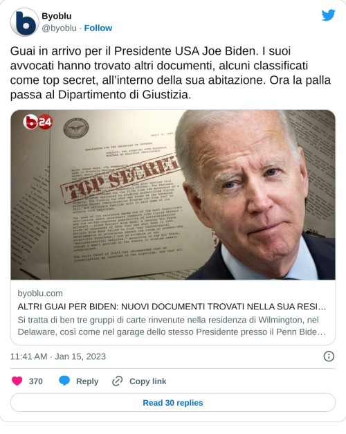 Guai in arrivo per il Presidente USA Joe Biden. I suoi avvocati hanno trovato altri documenti, alcuni classificati come top secret, all’interno della sua abitazione. Ora la palla passa al Dipartimento di Giustizia. https://t.co/0TIlsRhUXU  — Byoblu (@byoblu) January 15, 2023