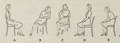 “Sitting like a lady” (A) and (B-E) unladylike sitting postures. Clothing for Moderns. 1949.Internet