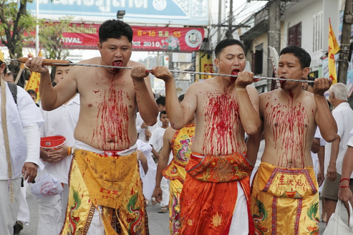 Self-flagellation during the Vegetarian Festival (or Nine Emperor Gods Festival), Phuket, 2010.