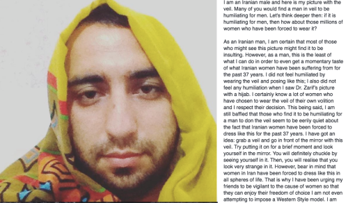 parttimepup: lafememeistnoire:   refinery29:  Why men in Iran are taking selfies wearing hijab A feminist organization called My Stealthy Freedom is behind a new movement in Iran fighting back against compulsory hijab for women. And it’s really taking