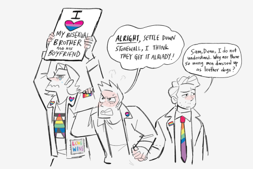 redwing:redwing: the gang attends dean and cas’ first pride aka i love the obnoxiously supportive st