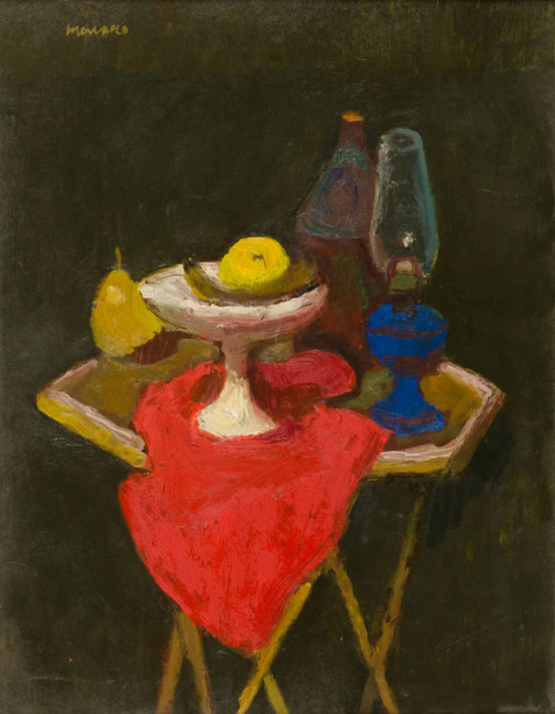 Still Life on a Wicker Table  -   Alberto Morrocco   1963British   1917-1998oil on board, 21”x18