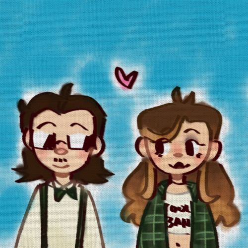 a simple drawing of peter spankoffski and stephanie lauter from nerdy prudes must die on a blue watercolor background. pete, a white teen boy with a black mullet and glasses wearing a white shirt, green suspenders, and a bowtie, is on the left looking at steph happily. steph, a white teen girl with long brown hair bleached at the ends, is wearing a green flannel over a white shirt with "cool band" written on it. she is on the right looking at pete and smiling. between them is a pink heart. the whole drawing has a canvas texture.